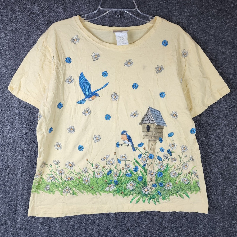 Art Unlimited Sportswear T-Shirt Womens XL Vintage Bluebird Daisy Yellow EUC